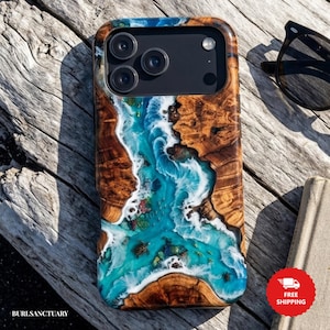 Ocean Resin Phone Case, Sea Turtle Coastal Art, Aqua Burl Wood Print, Beach Gift for Her, Coastal Aesthetic, Nature Phone Cover