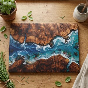 Tempered glass cutting board with flat printed faux ocean epoxy resin and burl wood illusion perfect for coastal charcuterie tray and kitchen decor