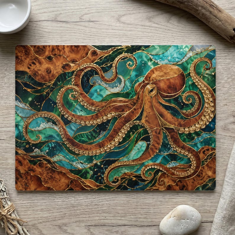 Octopus Inlay Mosaic Octopus Glass Charcuterie Board, Burl Wood Teal Faux Resin ...