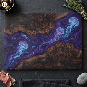May include: A rectangular wooden cutting board with a unique design. The board features a dark brown wood grain pattern with a vibrant purple and blue jellyfish design. The jellyfish have a glowing effect, adding a touch of fantasy.
