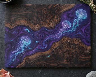 Jellyfish Glass Cutting Board, Purple Bioluminescent Burl Wood Charcuterie, Mystical Ocean Kitchen Gift, Deep Sea Decor
