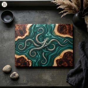 Octopus Charcuterie Board, Emerald Deep Sea Glass Tray, Unique Kitchen Housewarming Gift, Cephalopod Lover Decor