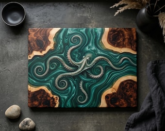 Tabla de embutidos con forma de pulpo, bandeja de cristal de aguas profundas color esmeralda, regalo único para inauguración de cocina, decoración para amantes de los cefalópodos