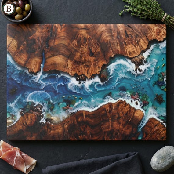 Coastal Turtle Tempered Glass Board, Aqua Burl Wood Charcuterie Tray, Nature Kitchen Gift, Zen Home Decor