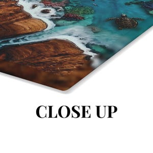 Tempered glass cutting board with flat printed faux ocean epoxy resin and burl wood illusion perfect for coastal charcuterie tray and kitchen decor