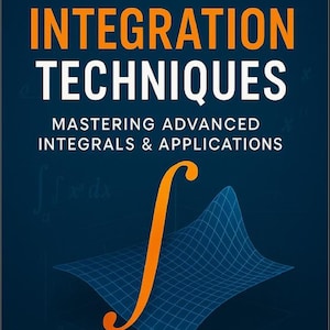 Puede incluir: Portada del libro "Advanced Integration Techniques" de Jason Mastorakos. El título está en blanco y naranja, con un símbolo integral naranja estilizado sobre una cuadrícula azul. El subtítulo dice "Mastering Advanced Integrals & Applications."