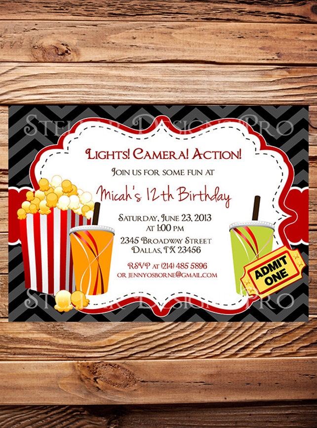 Zebra Movie Night Birthday Party Invitation Chevron Stripes Girl