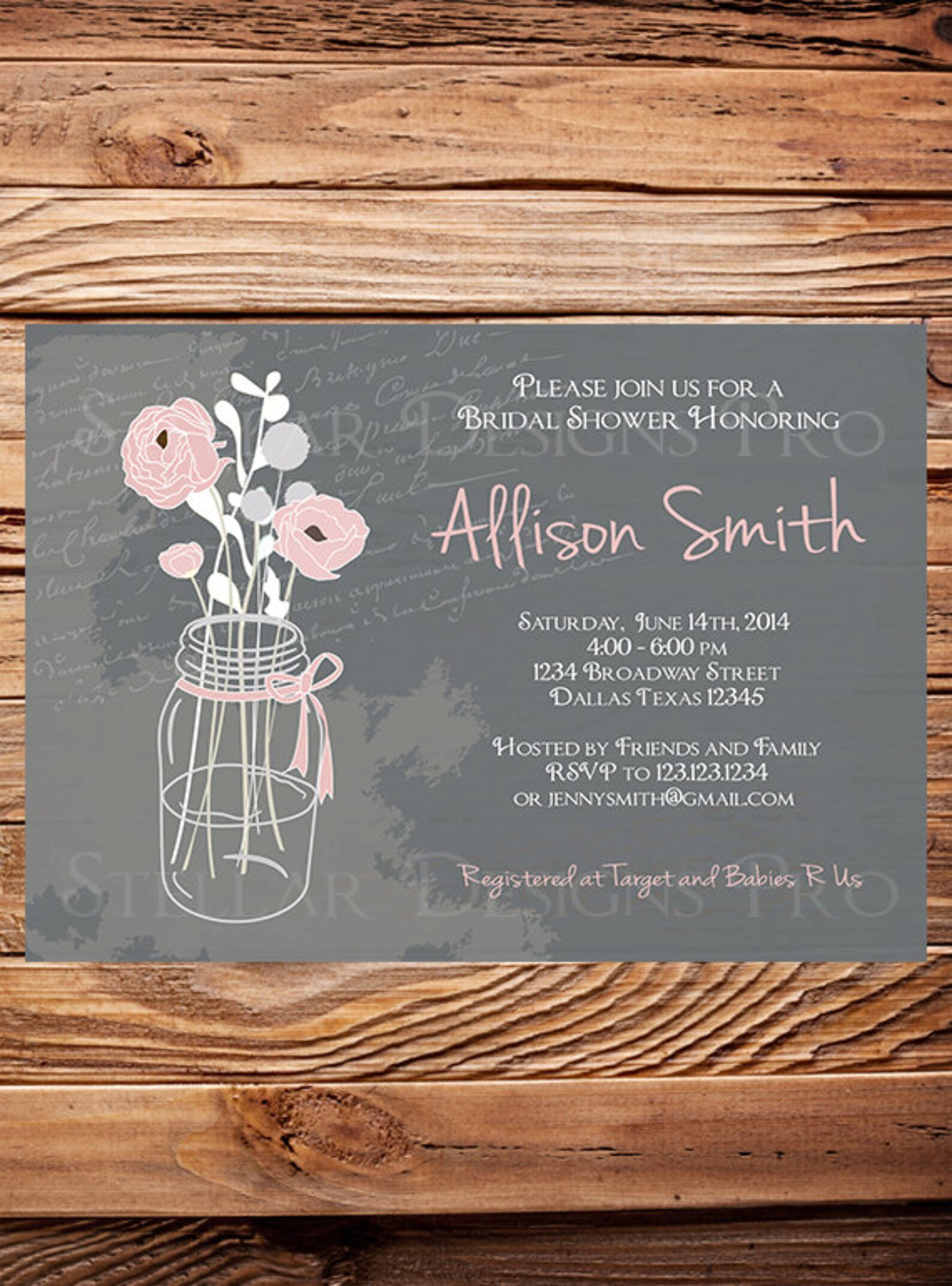 Chalkboard Mason Jars Bridal Shower Invitationgray Pink Etsy