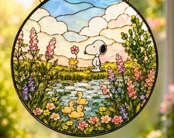Sn..oopy & Wo.odstock Stained Glass Suncatcher, Spring Meadow Window Hanging, Duck Pond Sun Catcher, Peanuts Fan Gift