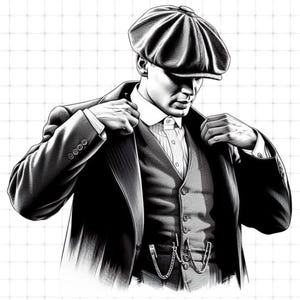 May include: Monochrome illustration of a person in a newsboy cap, suit jacket, waistcoat, and collared shirt. The person is adjusting their jacket. The image has a vintage, stylized aesthetic.