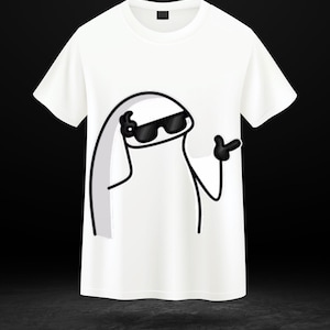 Puede incluir: Camiseta blanca con un personaje de dibujos animados que lleva gafas de sol y señala. El personaje es en blanco y negro, con un diseño sencillo. La camiseta tiene cuello redondo y mangas cortas.