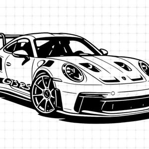 May include: Black and white illustration of a sports car with a rear wing. The car has the text "GT3RS" on the side. The image is a line drawing of a high-performance vehicle.