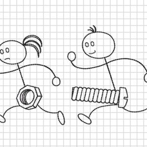 May include: A black and white line drawing of two stick figures running. One figure has a nut for a leg, and the other has a bolt for a leg. The background is a grid.