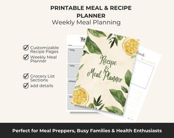 Druckbarer Mahlzeiten- & Rezept-Planer | Wöchentlicher Menü Organizer (Digitaler Download PDF)
