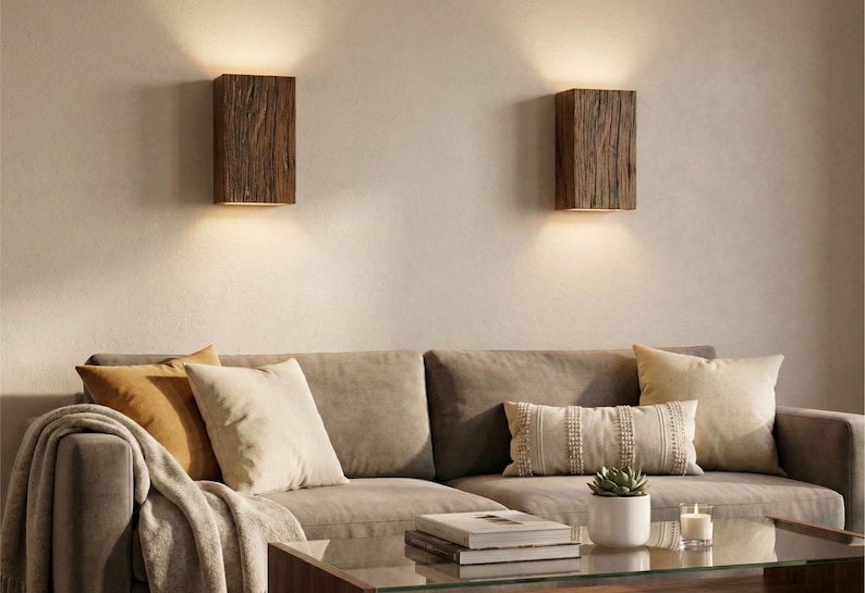 May include: Two rectangular wooden wall sconces with warm light illuminate a living room. The sconces are mounted on a neutral-colored wall above a sofa with pillows and a blanket. A coffee table with books and a plant is in front of the sofa.