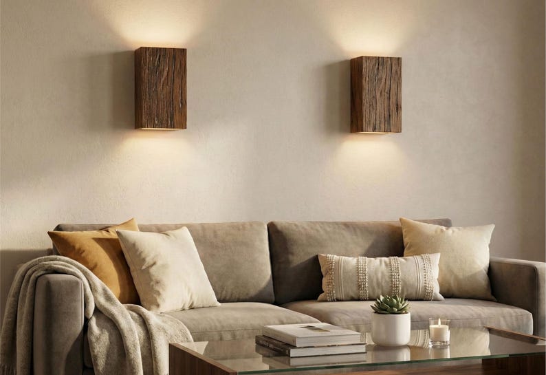 May include: Two rectangular wooden wall sconces with warm light illuminating the space. The sconces are mounted on a neutral-colored wall above a sofa with pillows and a blanket. A coffee table with books and a plant is in front of the sofa.