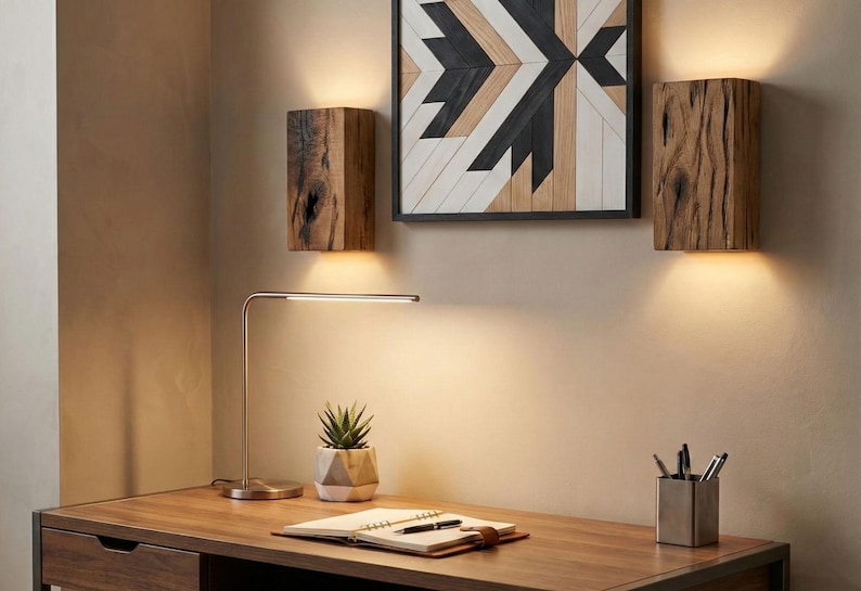 May include: A modern desk setup with a wooden desk, a silver desk lamp, and a small succulent in a geometric pot. Two wooden wall sconces and a framed geometric artwork are mounted on the wall above the desk.