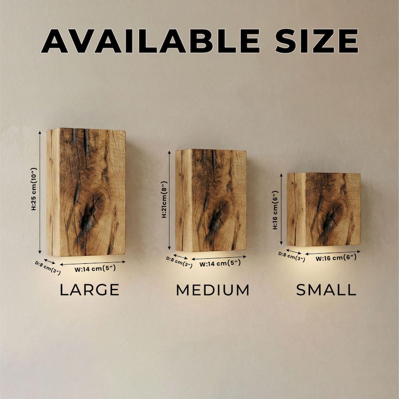 May include: Three wooden wall sconces in varying sizes: large (10" high, 5" wide), medium (8" high, 5" wide), and small (6" high, 6" wide). Each sconce is rectangular, made of natural wood, and has a warm, rustic appearance. The text "AVAILABLE SIZE" is at the top.