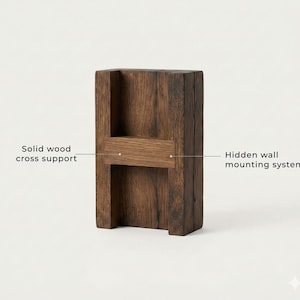 May include: A solid wood wall-mounted shelf with a hidden mounting system. The shelf is made of dark brown wood and features a cross support. The text on the image reads "Solid wood cross support" and "Hidden wall mounting system."