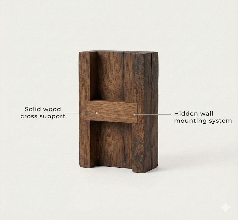 May include: A solid wood wall-mounted shelf with a hidden mounting system. The shelf is made of dark brown wood and features a cross support. The text on the image reads "Solid wood cross support" and "Hidden wall mounting system."