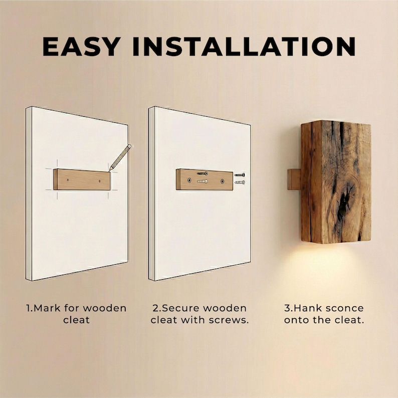 May include: Diagram illustrating the easy installation of a wooden sconce. The steps include marking for a wooden cleat, securing the cleat with screws, and hanging the sconce onto the cleat. The text "EASY INSTALLATION" is at the top.