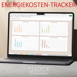 May include: A laptop displaying a data analysis application with the text "ENERGIEKOSTEN-TRACKER" at the top. The screen shows multiple charts with bar graphs in various colors. The logo "MABEX homecore" is at the bottom.