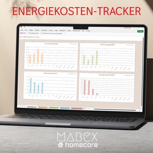 Peut inclure: Un écran d'ordinateur portable affichant une feuille de calcul ENERGIEKOSTEN-TRACKER avec quatre graphiques à barres orange, vert, bleu et rose. L'interface comprend des onglets en bas et le logo MABEX homecore au centre de l'écran.