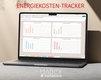 Könnte beinhalten: Ein Laptop-Bildschirm zeigt eine ENERGIEKOSTEN-TRACKER-Tabelle mit vier Balkendiagrammen in Orange, Grün, Blau und Pink. Die Benutzeroberfläche enthält Registerkarten am unteren Rand und das MABEX homecore-Logo in der Mitte des Bildschirms.