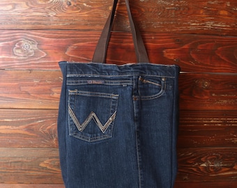 Upcycled Wrangler Denim Einkaufstasche | Handgemachte blaue Jeans Umhängetasche | Nachhaltig & Funktional