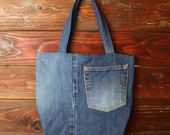 Upcycled Denim Einkaufstasche mit Jeanstasche