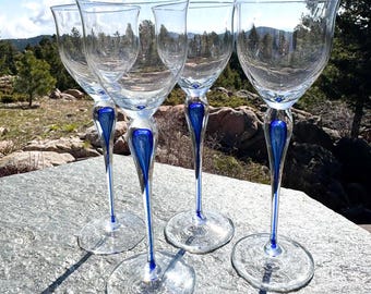 Set of 4 Orrefors Intermezzo Blue "Aroma" Wine Glasses, 10.5” Tall Swedish Art Crystal