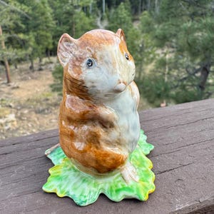 May include: A ceramic figurine of a squirrel with brown and white fur, perched on a green and yellow leaf base. The squirrel has detailed facial features and is posed upright. The figurine is likely a decorative item.