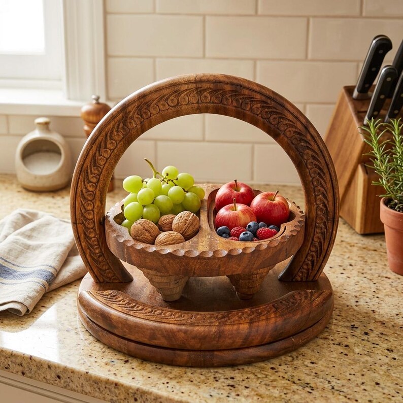 Peut inclure: Un saladier en bois avec une poign&eacute;e, rempli de raisins verts, de noix, de pommes rouges et de myrtilles. Le bol a un motif sculpt&eacute; et repose sur un comptoir.