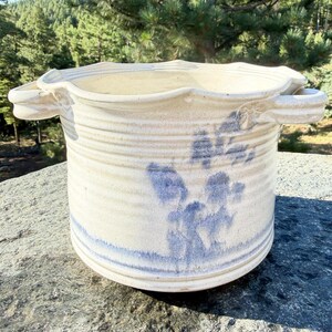 Signed Studio Pottery Planter Blue White Artisan Stoneware Crock Cachepot Vessel