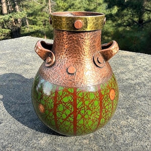 Signed Chilean Studio Pottery Vase Acuña Green Copper Artisan Ceramic