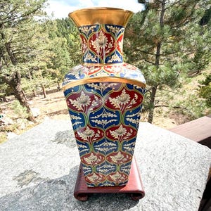 Vintage Christian Dior Tabriz Porcelain Vase Framed Imari Palette Wood Base