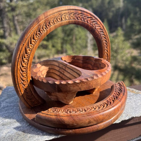 Vintage Collapsible Wooden Basket, Hand Carved Indian Rosewood Folding Fruit Bowl, Mid-Century Trivet