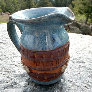Vintage Psalm 103 Signed Studio Pottery Creamer Pitcher, Blue Stoneware Folk Art Jug, 3 3/4"