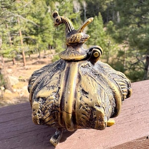 May include: A detailed, antique-style brass container with a lid, featuring a snail-like design on top. The container has a textured, leaf-like base and is set on three small feet. The background shows a blurred view of a forest.