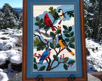 Vintage 1986 Framed Crewel Embroidery, Songbirds, Hand Stitched Signed Dot Lindsey 21x15
