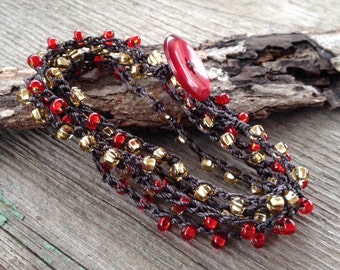 Bead Wrap Bracelet, Hand Crochet, Red and Gold on Dark Cord, Beaded Wrap, Boho Chic, Stocking Stuffer, Child Women's, wrap bracelet, Chiefs