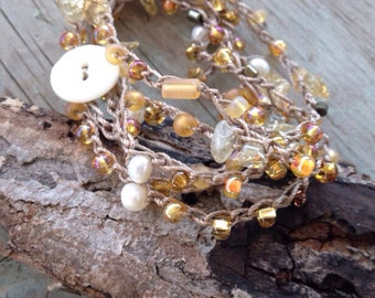 Bead Wrap Bracelet, Hand Crochet, Gold and Honey