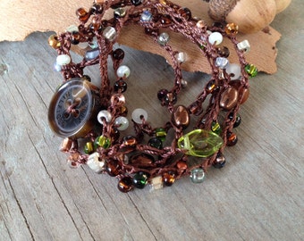 Bead Wrap Bracelet, Hand Crochet, Earthy Browns and Greens