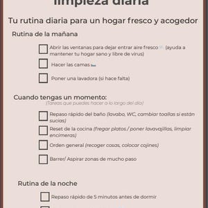 May include: A beige and brown printable daily cleaning routine checklist in Spanish. The checklist includes morning, daytime, and evening tasks. The text includes the title "Rutina exprés de limpieza diaria" and the WiseNest email address.