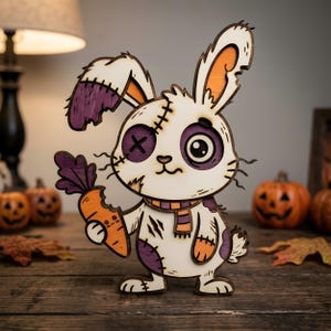 Zombie Bunny Halloween Ornament SVG | Creepy Cute Rabbit Decor | Patchwork Standee | Laser Cut | Table Shelf Decor | Instant Download