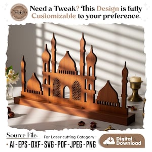 Decoración de mezquita SVG para Ramadán / Archivo de corte láser para mesa islámica, Arco musulmán DXF para Cricut, Letrero de calendario de cuenta regresiva para Eid