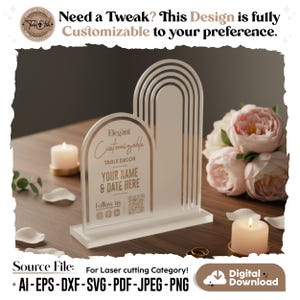 Peut inclure: Un élément de décoration de table personnalisable blanc et doré, avec le texte "Elegant Customizable Table Decor" et un espace pour un nom et une date. Le design comprend un code QR et des icônes de médias sociaux. Le texte "Need a Tweak? This Design is fully Customizable to your preference."