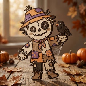 May include: A wooden scarecrow cutout featuring a hat, button eyes, and a stitched mouth. The figure wears a patchwork outfit with orange and purple accents, including a crescent moon pattern, and holds a small black crow on its left arm.