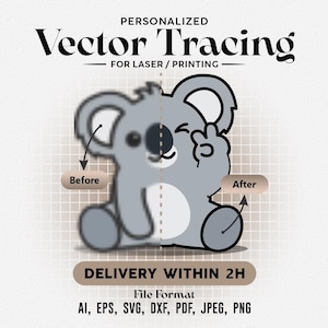 Op de afbeelding: Afbeelding die een vector tracing service promoot, met een cartoon koala beer. De tekst luidt "Vector Tracing" en "Levering binnen 2 uur". Bestandsformaten zijn AI, EPS, SVG, DXF, PDF, JPEG en PNG. Een voor- en na-vergelijking wordt getoond.
