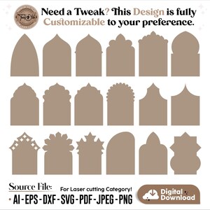 Puede incluir: Un archivo de diseño digital con varias formas de arco marrón para corte láser. El texto dice "Need a Tweak? This Design is fully Customizable to your preference." Incluye formatos de archivo: AI, EPS, DXF, SVG, PDF, JPEG y PNG.
